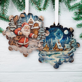 Sinterklaas met tas op winter dorp nacht ornament kaart