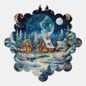 Sinterklaas met tas op winter dorp nacht ornament kaart (Achterkant)