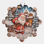 Sinterklaas met tas op winter dorp nacht ornament kaart (Voorkant)