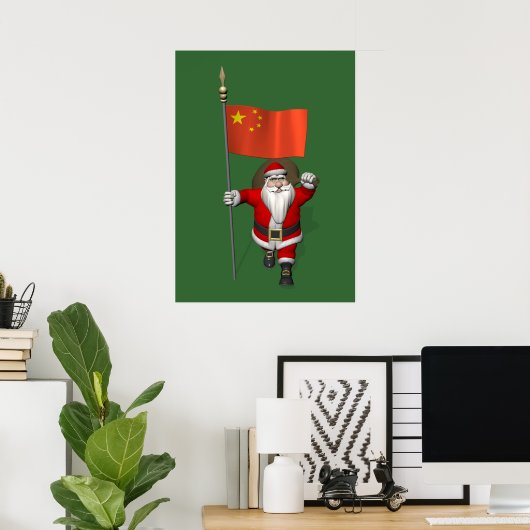 Sinterklaas met vlag van China Poster (Thuiskantoor)