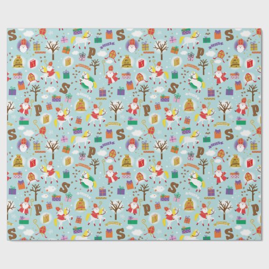 Sinterklaas met wit paard, geschenken en chocolade cadeaupapier (Vlak)