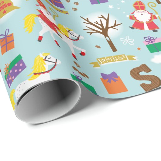 Sinterklaas met wit paard, geschenken en chocolade cadeaupapier (Rol Hoek)