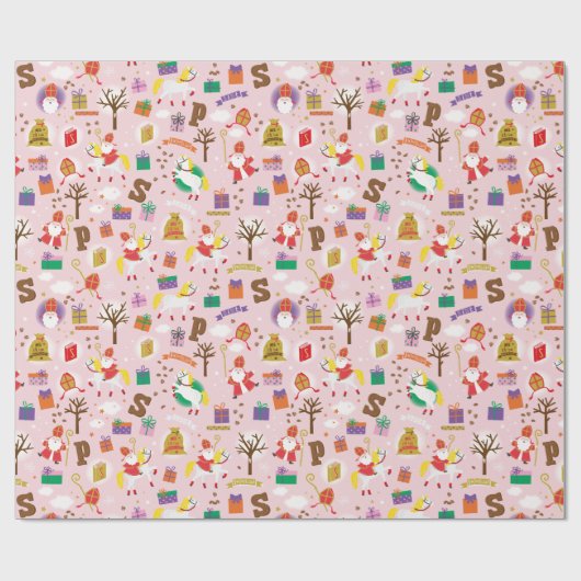 Sinterklaas met wit paard, geschenken en chocolade cadeaupapier (Vlak)