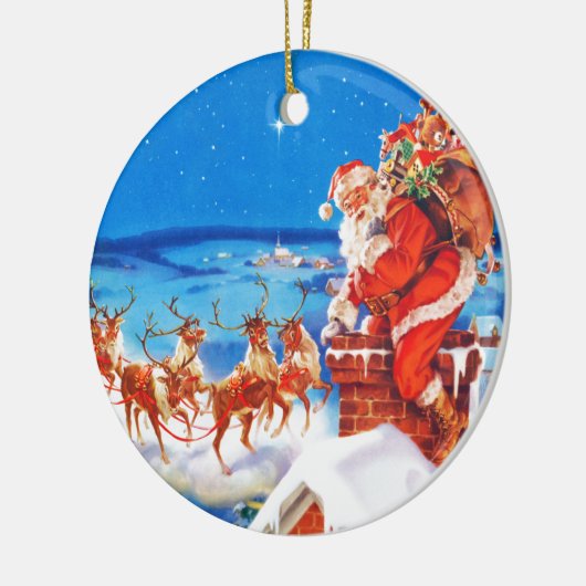 Sinterklaas omhoog op de dak in de sneeuw keramisch ornament (Links)