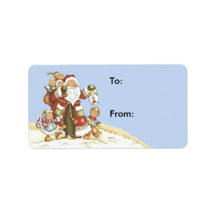 Sinterklaas Omringd door Kinderen in Sneeuwblauw Etiket