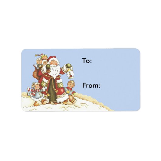 Sinterklaas Omringd door Kinderen in Sneeuwblauw Etiket (Voorkant)