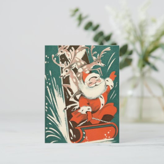  Sinterklaas + Rendier Sledding Retro Xmas Briefkaart (Staand voorkant)