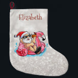 Sinterklaas, roze lampjes, glittery Bokeh Grote Kerstsok<br><div class="desc">Schattige kerstman op roze flamingos glittery bokeh achtergrond met jouw naam.</div>