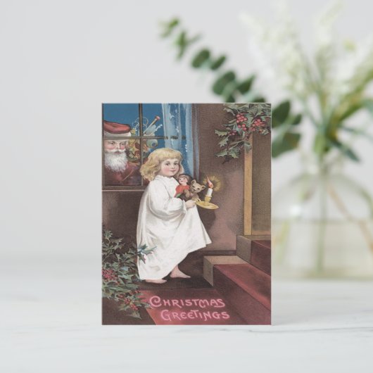 Sinterklaas Schattige Meisje Speelgoed Holly Feestdagenkaart (Staand voorkant)