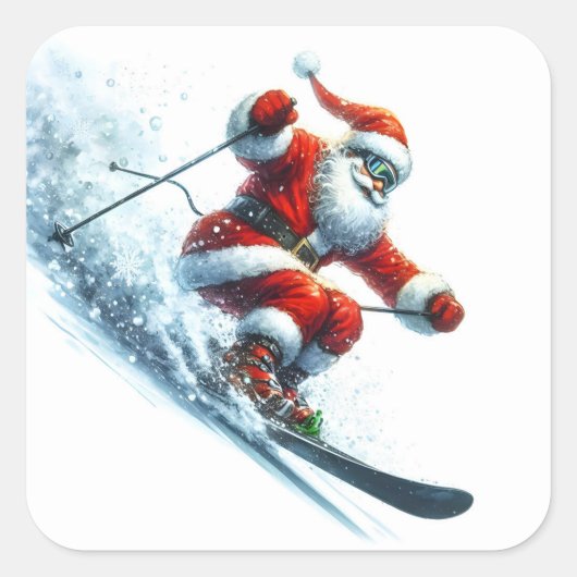 Sinterklaas skiën op een besneeuwde berghelling vierkante sticker (Voorkant)