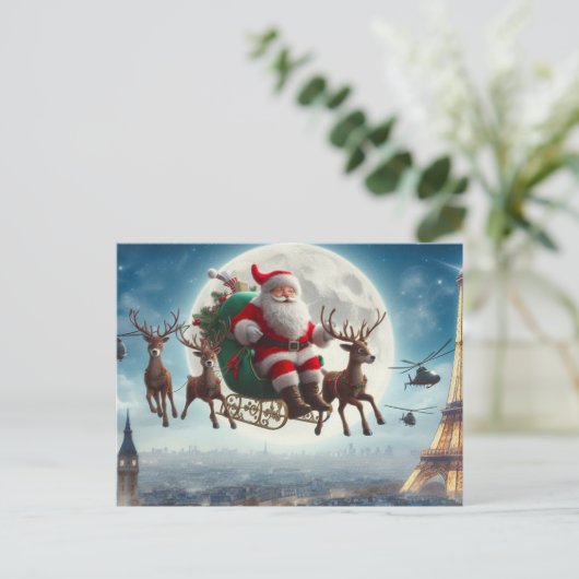 Sinterklaas & slee boven Parijs, Frankrijk, grilli Briefkaart (Staand voorkant)