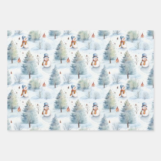 Sinterklaas, sneeuwpoppen en kerstbomen inpakpapier vel (Voorkant)