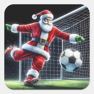 Sinterklaas speelt voetbal in een winterwonderland vierkante sticker