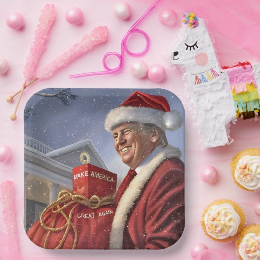 Sinterklaas Trump met MAGA Red Sack Papieren Bordje (Feest)