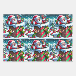 Sinterklaas vast in een schoorsteen met speelse el inpakpapier vel