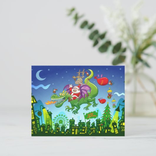 Sinterklaas veranderde zijn rendier voor een draak feestdagenkaart (Staand voorkant)