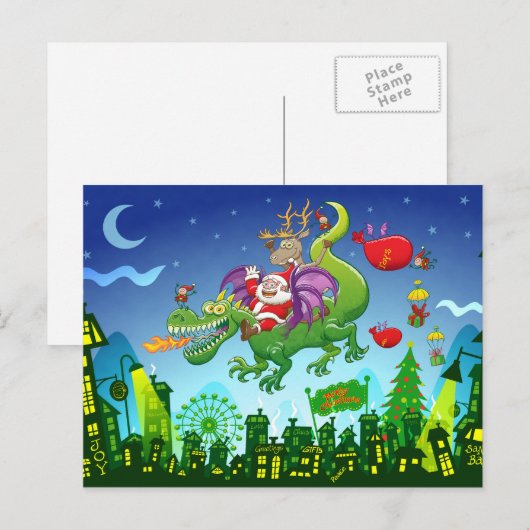 Sinterklaas veranderde zijn rendier voor een draak feestdagenkaart (Voorkant / Achterkant)