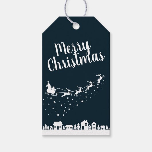 Sinterklaas w / slee & rendieren boven de huizen cadeaulabel (Voorkant)