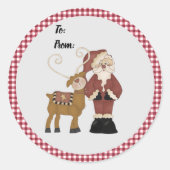 Sinterman en zijn rendier met Gingham Check Ronde Sticker (Voorkant)