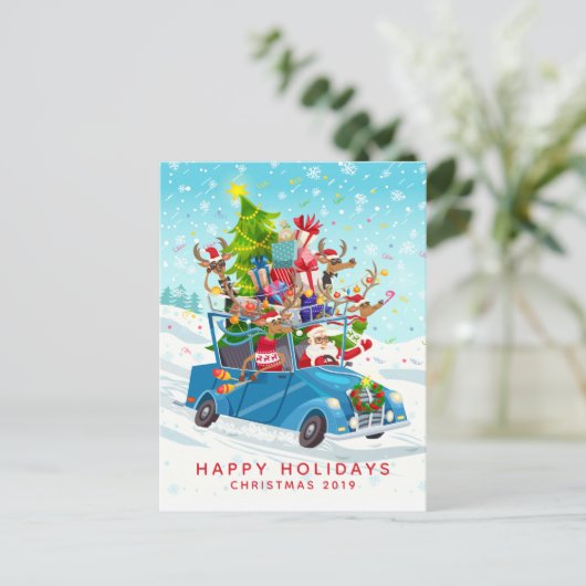 Sinterman en zijn rendier Speelgoed in een auto Briefkaart (Staand voorkant)