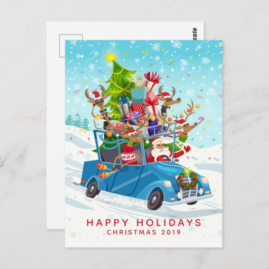 Sinterman en zijn rendier Speelgoed in een auto Briefkaart (Voorkant / Achterkant)