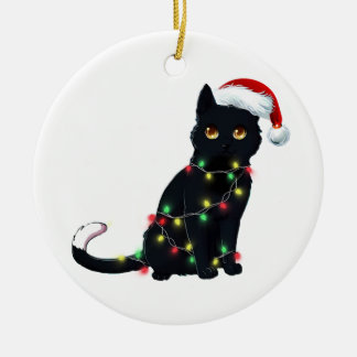Sinterzwarte kat omhoog gedraaid in kerstboomverli keramisch ornament