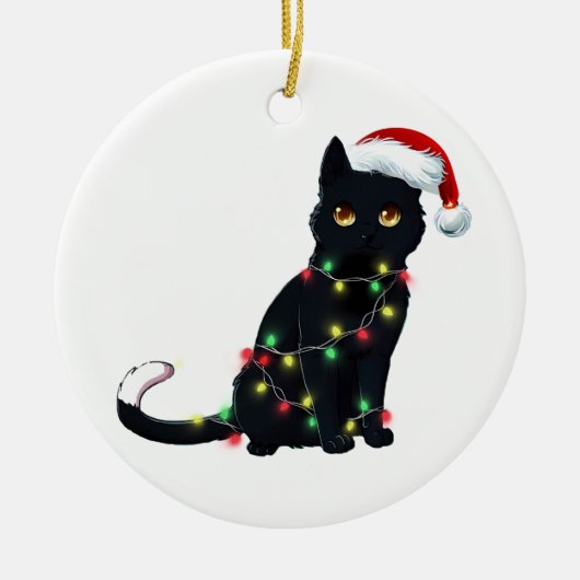 Sinterzwarte kat omhoog gedraaid in kerstboomverli keramisch ornament (Voorkant)