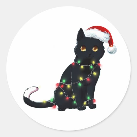Sinterzwarte kat omhoog gedraaid in kerstboomverli ronde sticker (Voorkant)