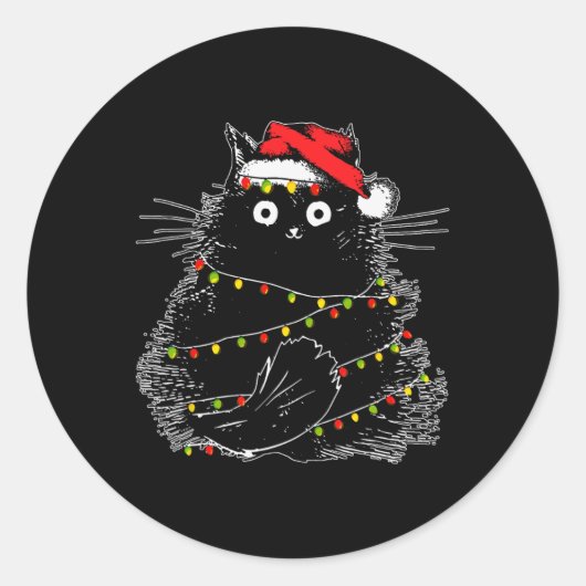 Sinterzwarte kat omhoog gedraaid in kerstboomverli ronde sticker (Voorkant)