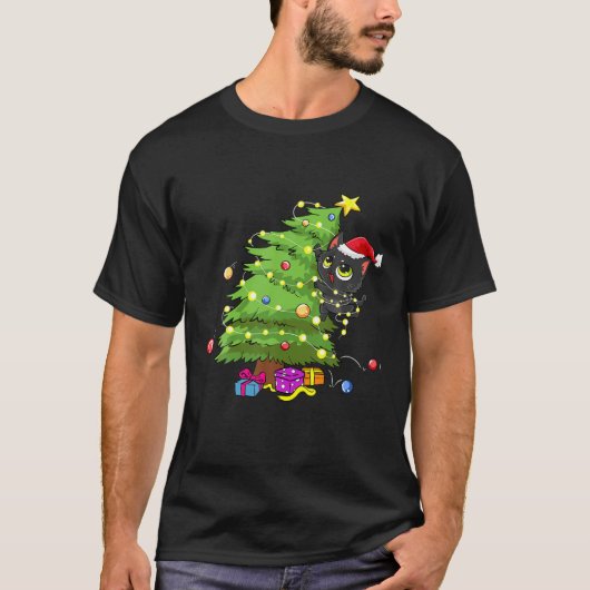 Sinterzwarte kat omhoog gedraaid in kerstboomverli t-shirt (Voorkant)