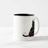 Sinterzwarte kat omhoog gedraaid in kerstboomverli tweekleurige koffiemok (Voorkant rechts)