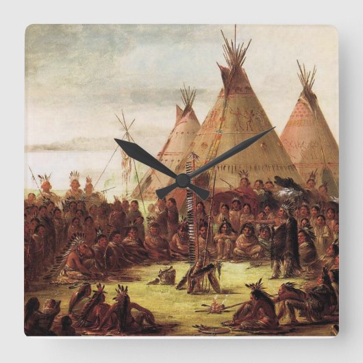 Sioux War Council George Catlin Circa 1850 Vierkante Klok (Voorkant)
