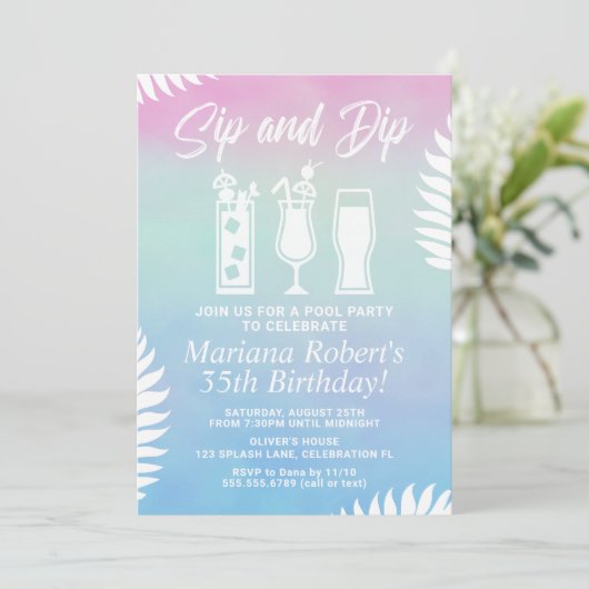 Sip and Dip Pool Party Uitnodiging voor verjaardag (Staand voorkant)