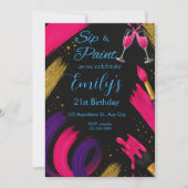 Sip and Paint Black & Pink Verjaardag Uitnodiging (Voorkant)
