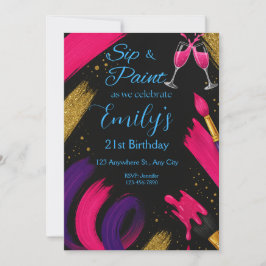 Sip and Paint Black & Pink Verjaardag Uitnodiging
