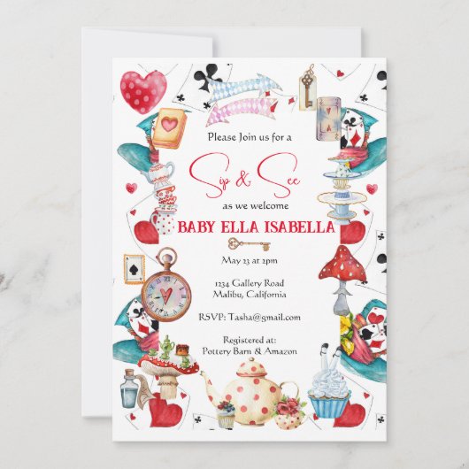 Sip and See Alice thee Party uitnodiging (Voorkant)
