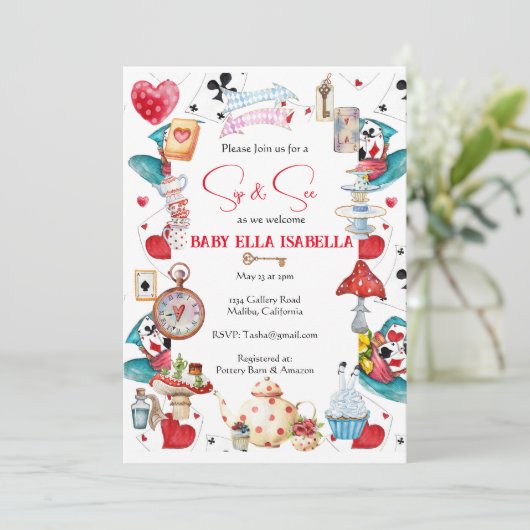 Sip and See Alice thee Party uitnodiging (Staand voorkant)