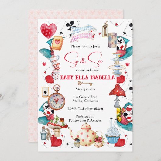 Sip and See Alice thee Party uitnodiging (Voorkant / Achterkant)