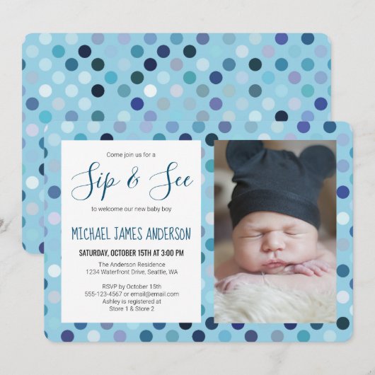 Sip and See Baby Boy Foto Blauwe Polka Dot Kaart (Voorkant / Achterkant)