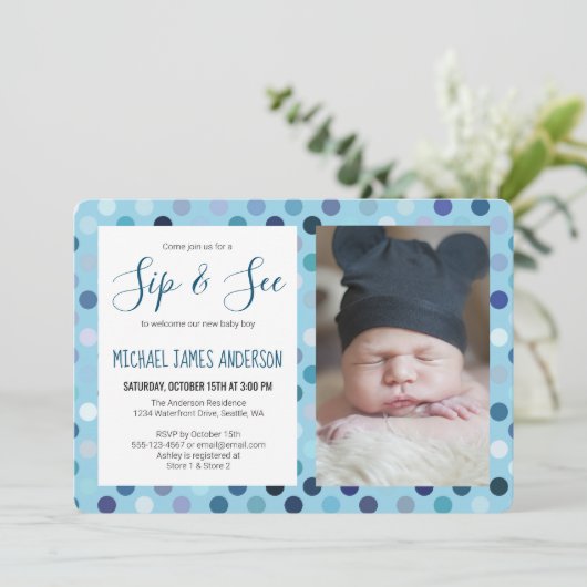 Sip and See Baby Boy Foto Blauwe Polka Dot Kaart (Staand voorkant)