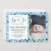 Sip and See Baby Boy Foto Blauwe Polka Dot Kaart (Voorkant)