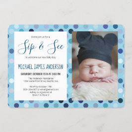 Sip and See Baby Boy Foto Blauwe Polka Dot Kaart
