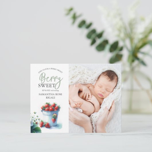 Sip and See Baby Douche Uitnodigingen Aardbeien (Staand voorkant)