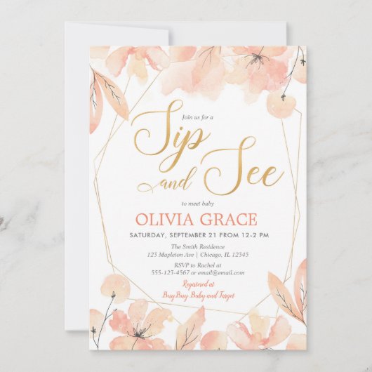 Sip and See baby meisje, blush roze goud elegant Kaart (Voorkant)