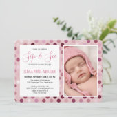 Sip and See Baby Meisje Douche Foto Roze Polka Dot Kaart (Staand voorkant)