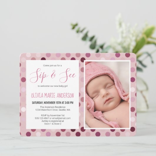 Sip and See Baby Meisje Douche Foto Roze Polka Dot Kaart (Staand voorkant)