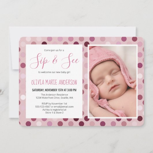 Sip and See Baby Meisje Douche Foto Roze Polka Dot Kaart (Voorkant)