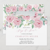 Sip and See Baby Meisje Foto Roze Waterverf Floral Kaart (Voorkant / Achterkant)