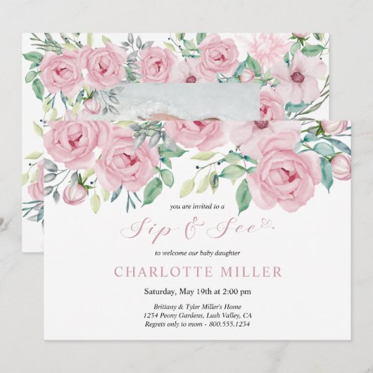 Sip and See Baby Meisje Foto Roze Waterverf Floral Kaart (Voorkant / Achterkant)