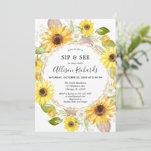 Sip and See Baby meisje Zonnebloem geel baby showe Kaart (Staand voorkant)